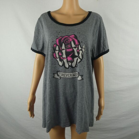 Torrid Plus Size Forever Mine Rose Skeleton Hand Ringer Graphic Tee T Shirt Grey - Picture 2 of 8